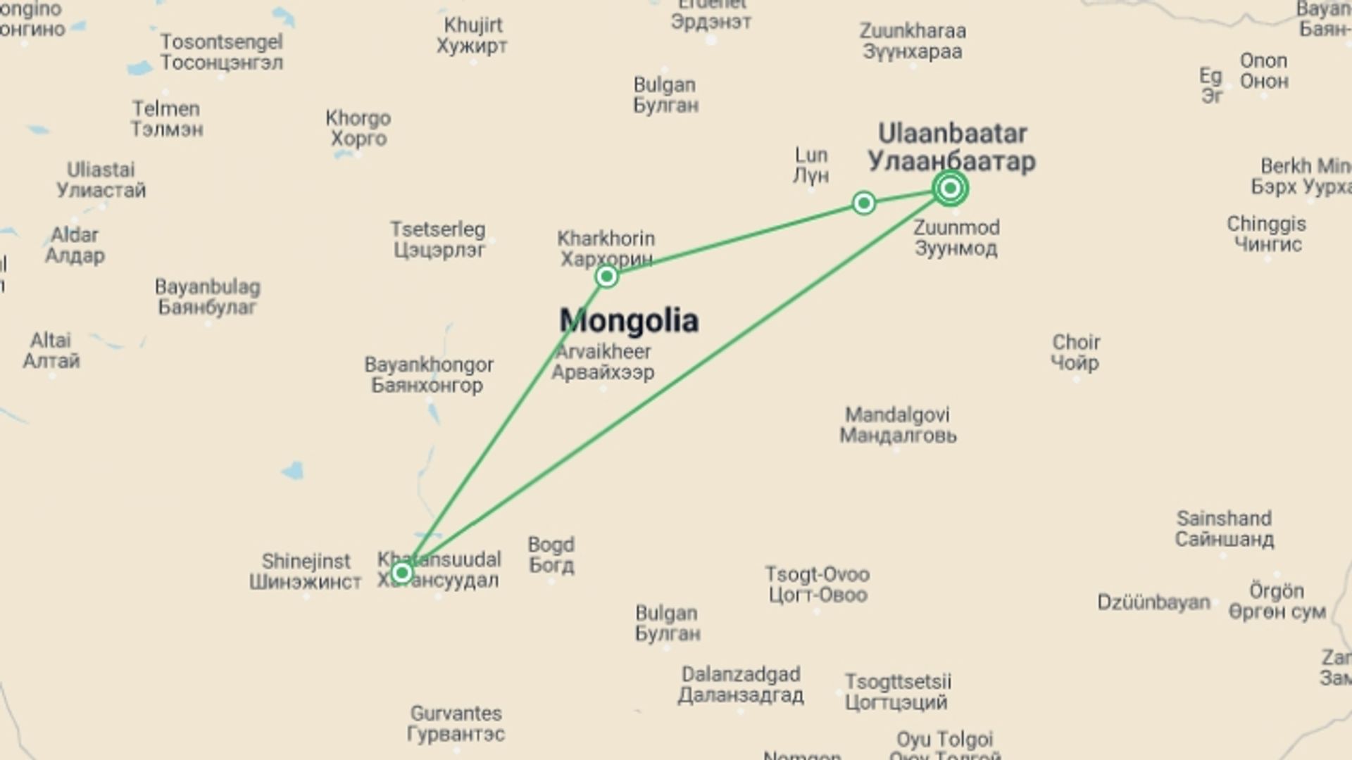 A map showing the tour itinerary for the trip: Naadam Adventure, starting in Ulaanbaatar, Mongolia and ending in Ulaanbaatar, Mongolia going through 3 other destinations.