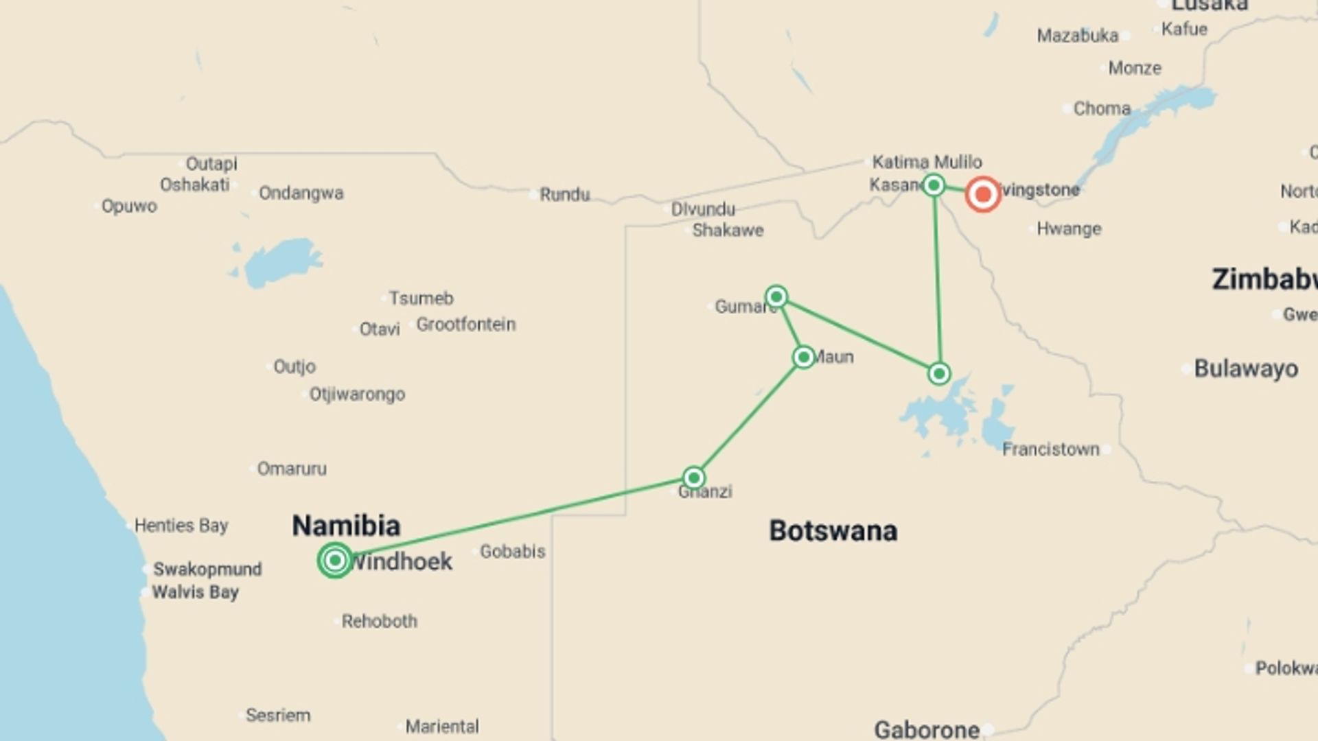 A map showing the tour itinerary for the trip: Delta & Falls Eastbound: Baobab Trees & River Views, starting in Windhoek, Namibia and ending in Victoria Falls, Zimbabwe going through 5 other destinations.