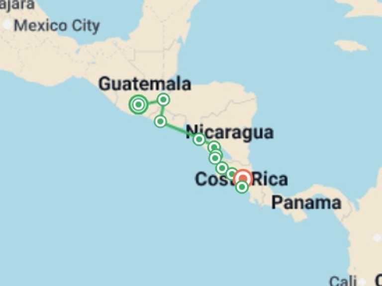 Map itinerary of San Jose Tour in December 2026 with 11 destination visits for the trip: Antigua to San Jose Travel Pass