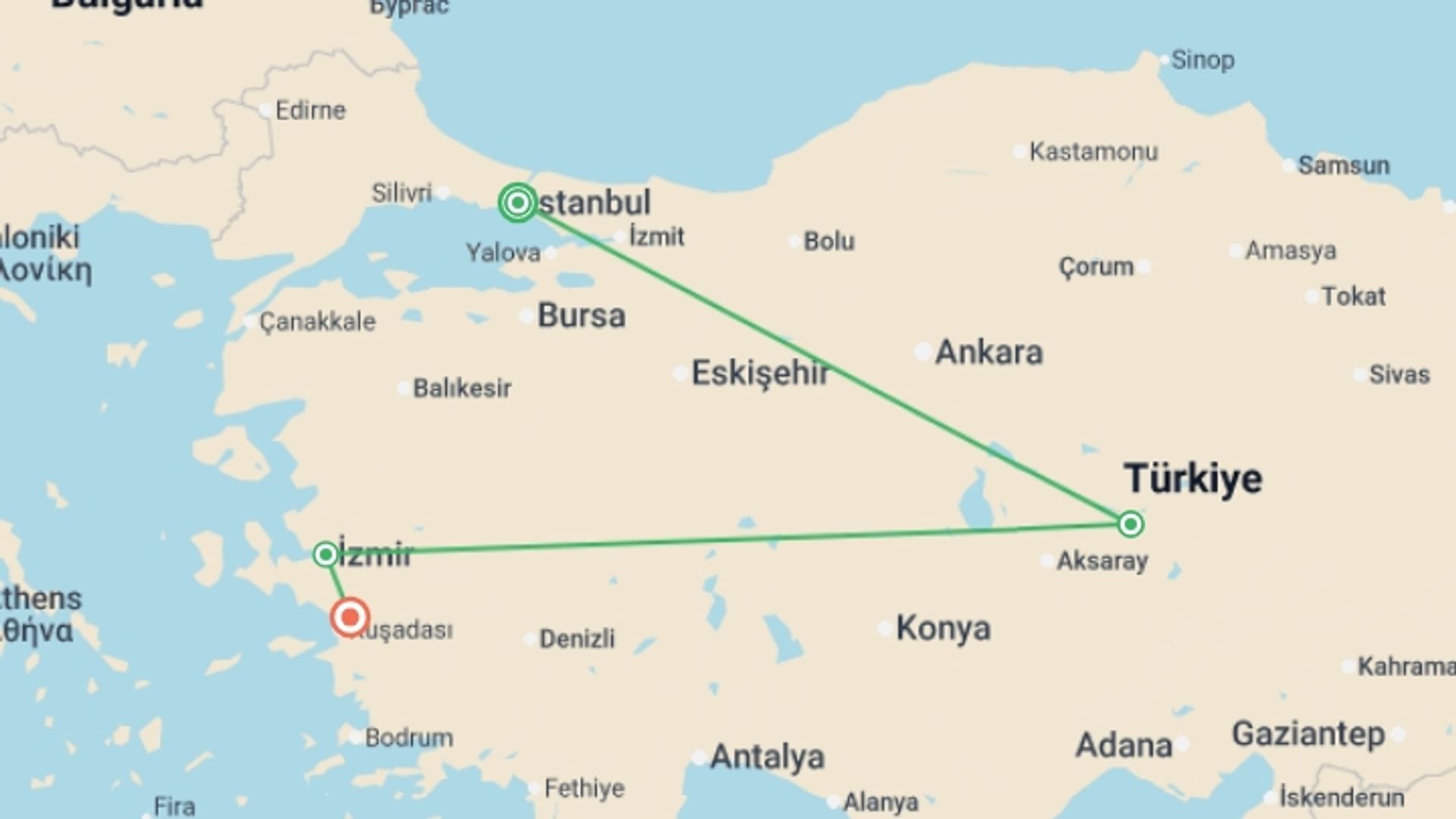 A map showing the tour itinerary for the trip: Solo-ish Turkey, starting in Istanbul, Turkey and ending in Selçuk, turkey going through 2 other destinations.