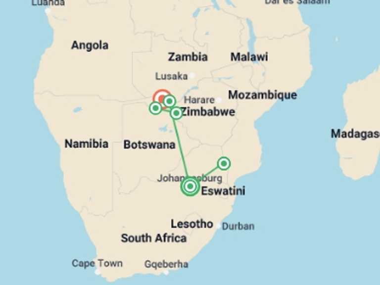 Map of 14-Day Johannesburg Tour with 6 destination visits for the trip: Southern Africa Safari: Kruger, Victoria Falls, Hwange & Chobe