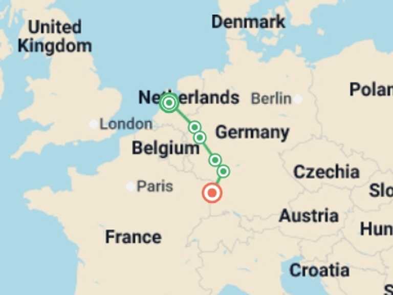 Map of Europe Tour with 6 destination visits for the trip: The Grand Rhine Festival, from Holland to the Romantic Rhine Valley - A cultural, gourmet and festive cruise (port-to-port cruise)