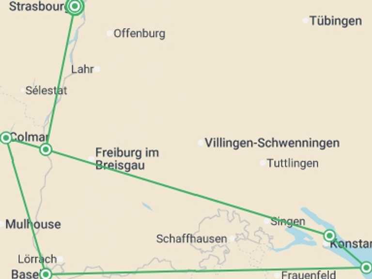 Map itinerary of Strasbourg Tour in June 2026 with 3 destination visits for the trip: An exceptional cruise through the most beautiful regions of three different countries (port-to-port cruise)