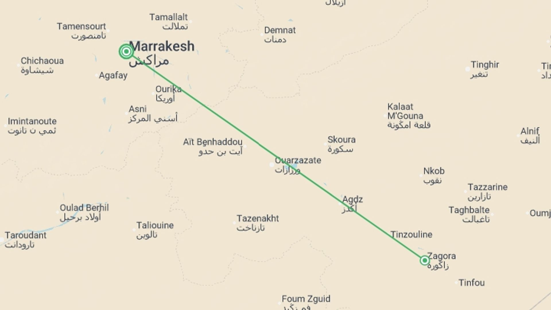 A map showing the tour itinerary for the trip: Zagora Desert Camp 2D/1N, starting in Marrakech, Morocco and ending in Marrakech, Morocco going through 1 other destinations.