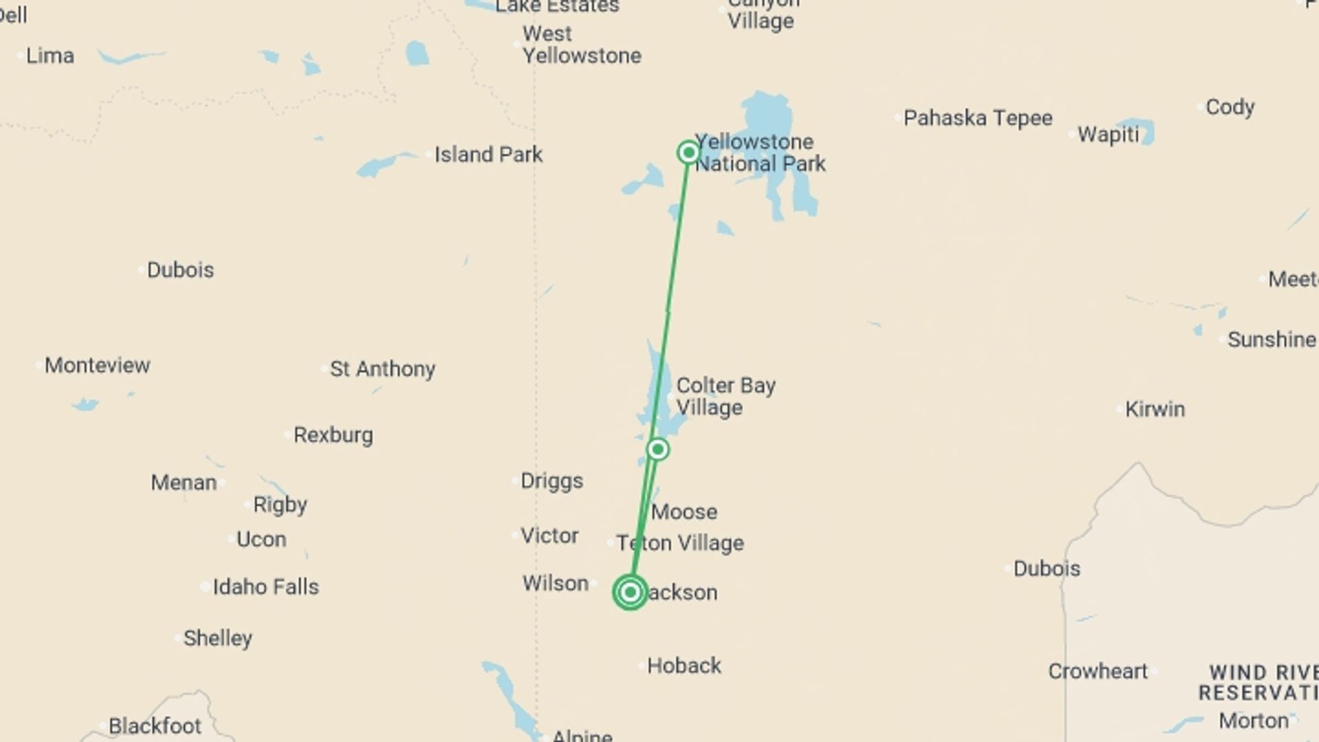 A map showing the tour itinerary for the trip: Yellowstone and Grand Tetons Adventure, starting in Jackson, USA and ending in Jackson, USA going through 2 other destinations.