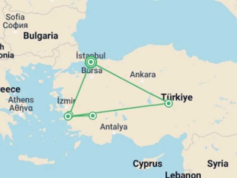Map of 7-Day Istanbul Tour with 3 destination visits for the trip: Magnificent Turkey