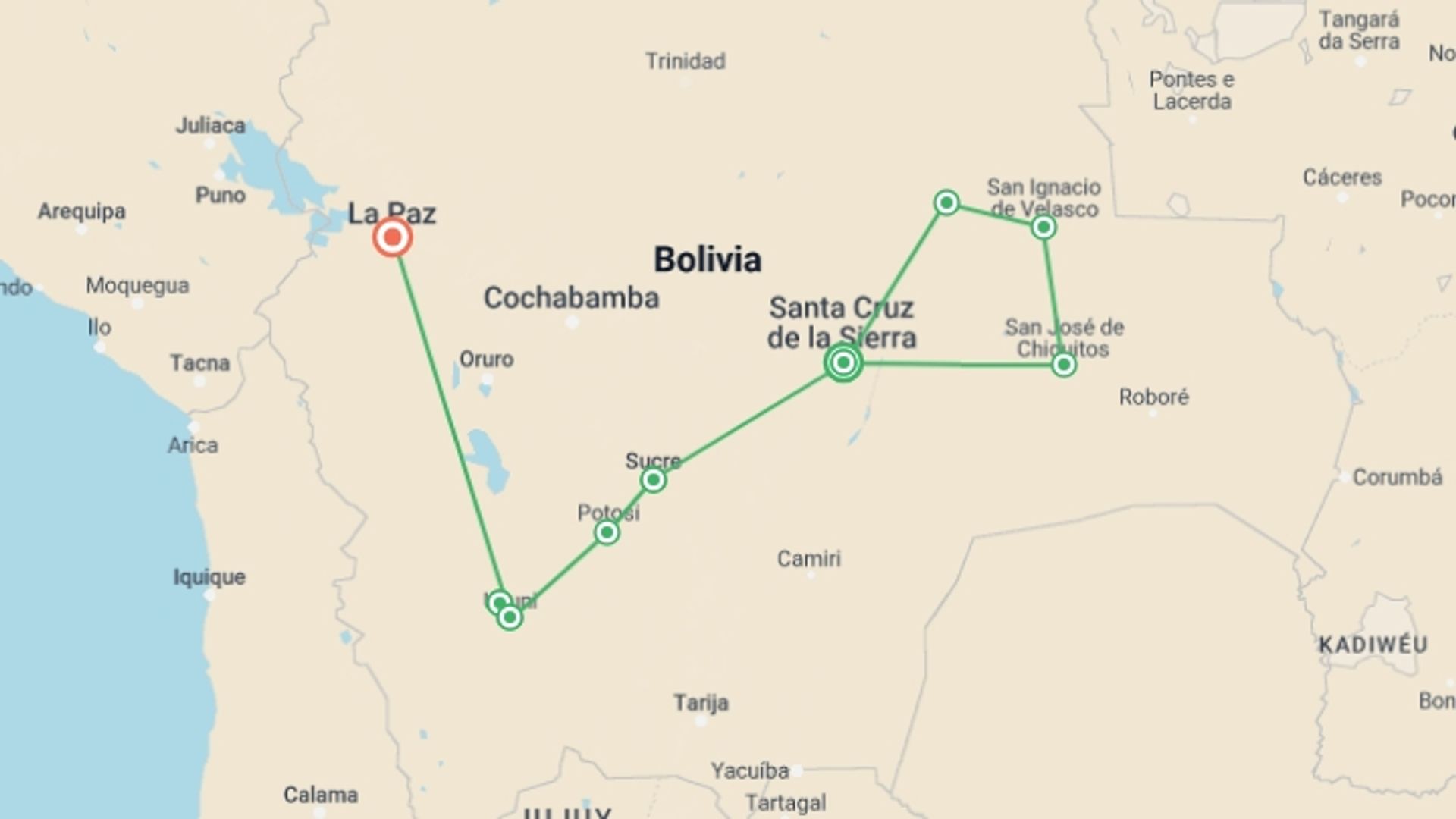 A map showing the tour itinerary for the trip: Culture, Landscape & Tradition of Bolivia, starting in Santa Cruz De La Sierra, Bolivia and ending in La Paz, Bolivia going through 7 other destinations.