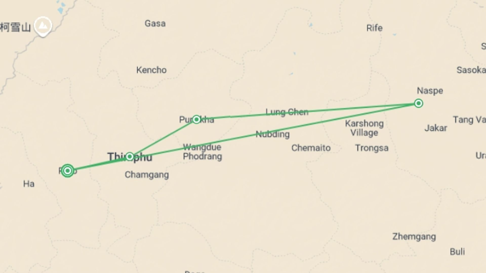 A map showing the tour itinerary for the trip: Essence of Bhutan Tour, starting in Paro, Bhutan and ending in Paro, Bhutan going through 4 other destinations.