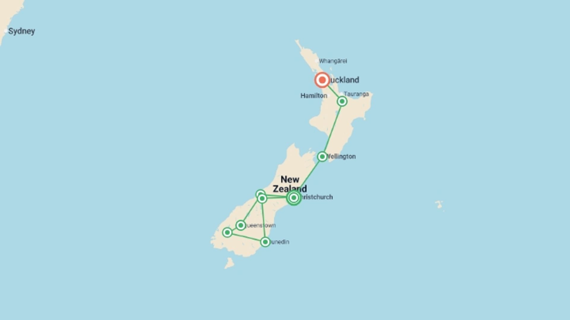 A map showing the tour itinerary for the trip: Best of New Zealand Explorer (Superior) - 14 days, starting in Christchurch, New Zealand and ending in Auckland, New Zealand going through 7 other destinations.