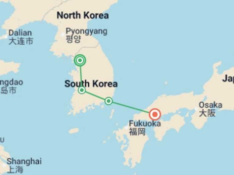 Map of Asia Tour with 4 destination visits for the trip: From Seoul to Hiroshima