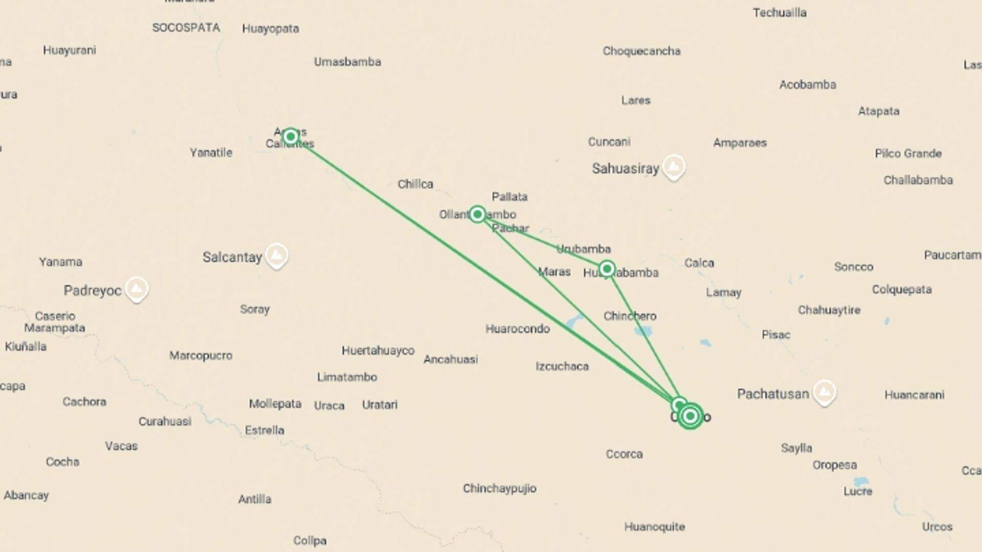 A map showing the tour itinerary for the trip: Ultimate Inca Trail, starting in Cusco, Peru and ending in Cusco, Peru going through 3 other destinations.