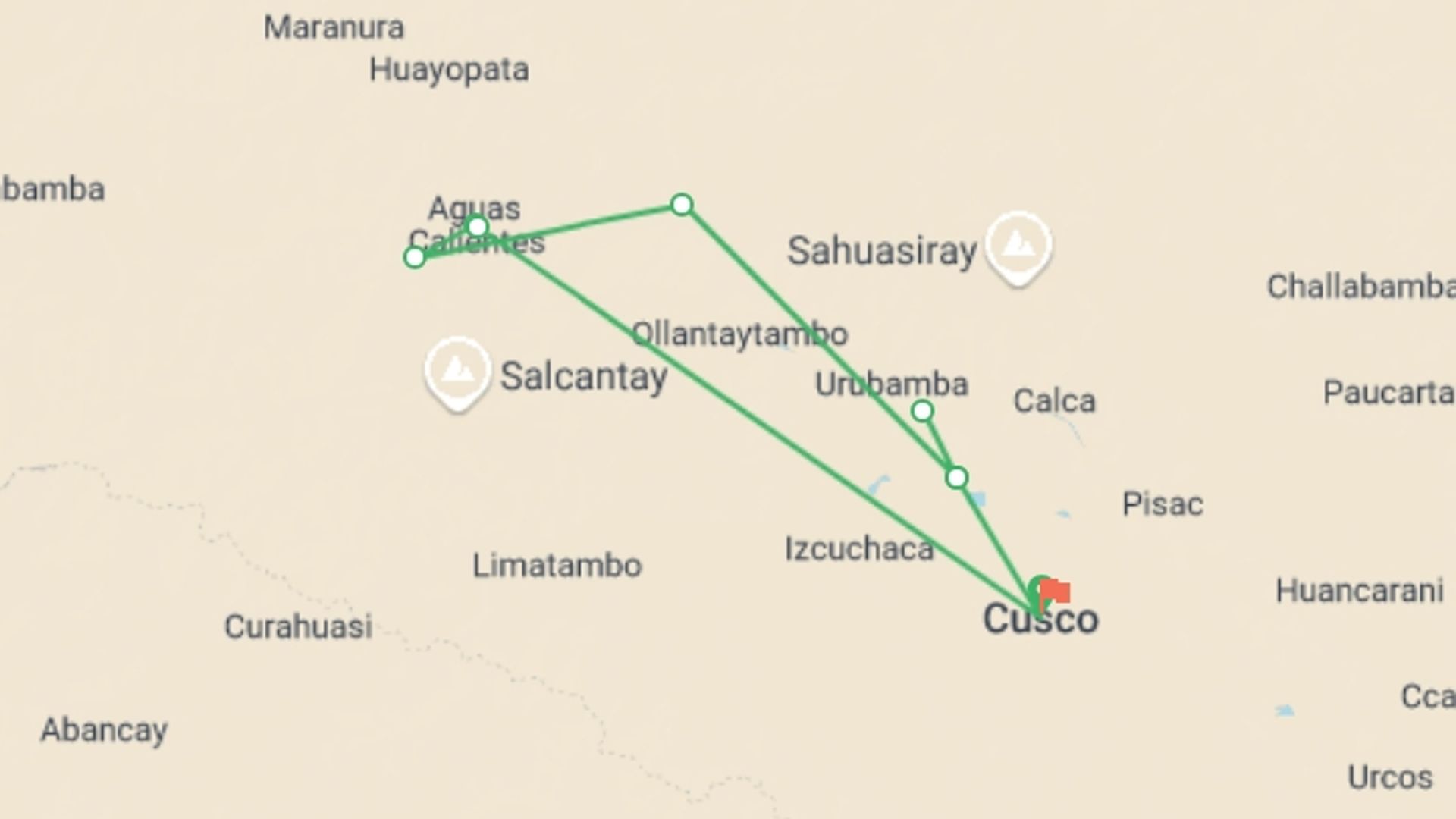 A map showing the tour itinerary for the trip: Machu Picchu Lodge to Lodge Adventure 6D/5N, starting in Cusco, Peru and ending in Cusco, Peru going through 8 other destinations.