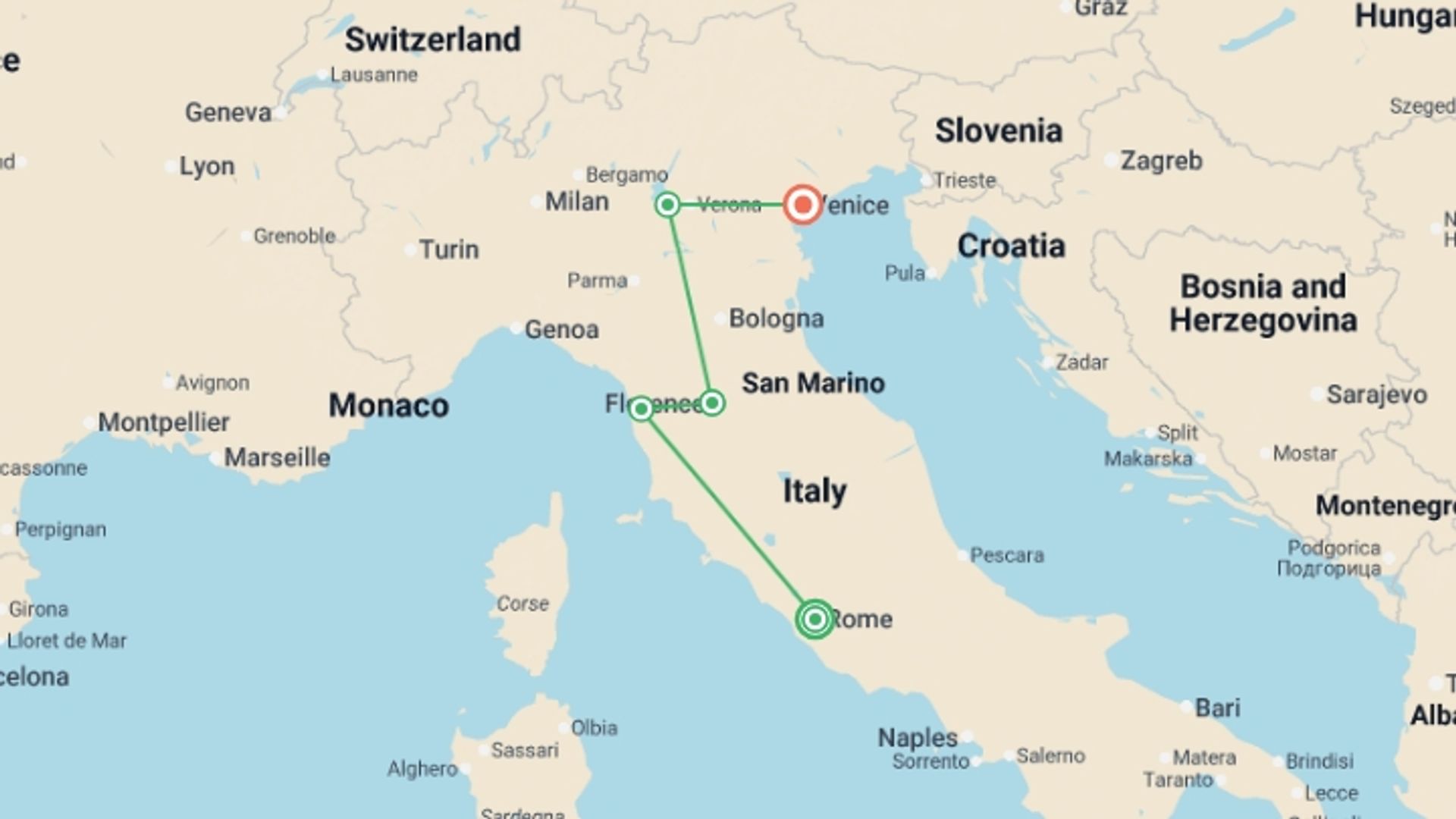 A map showing the tour itinerary for the trip: Jewels of Italy, starting in Rome, Italy and ending in Venice, Italy going through 1 other destinations.