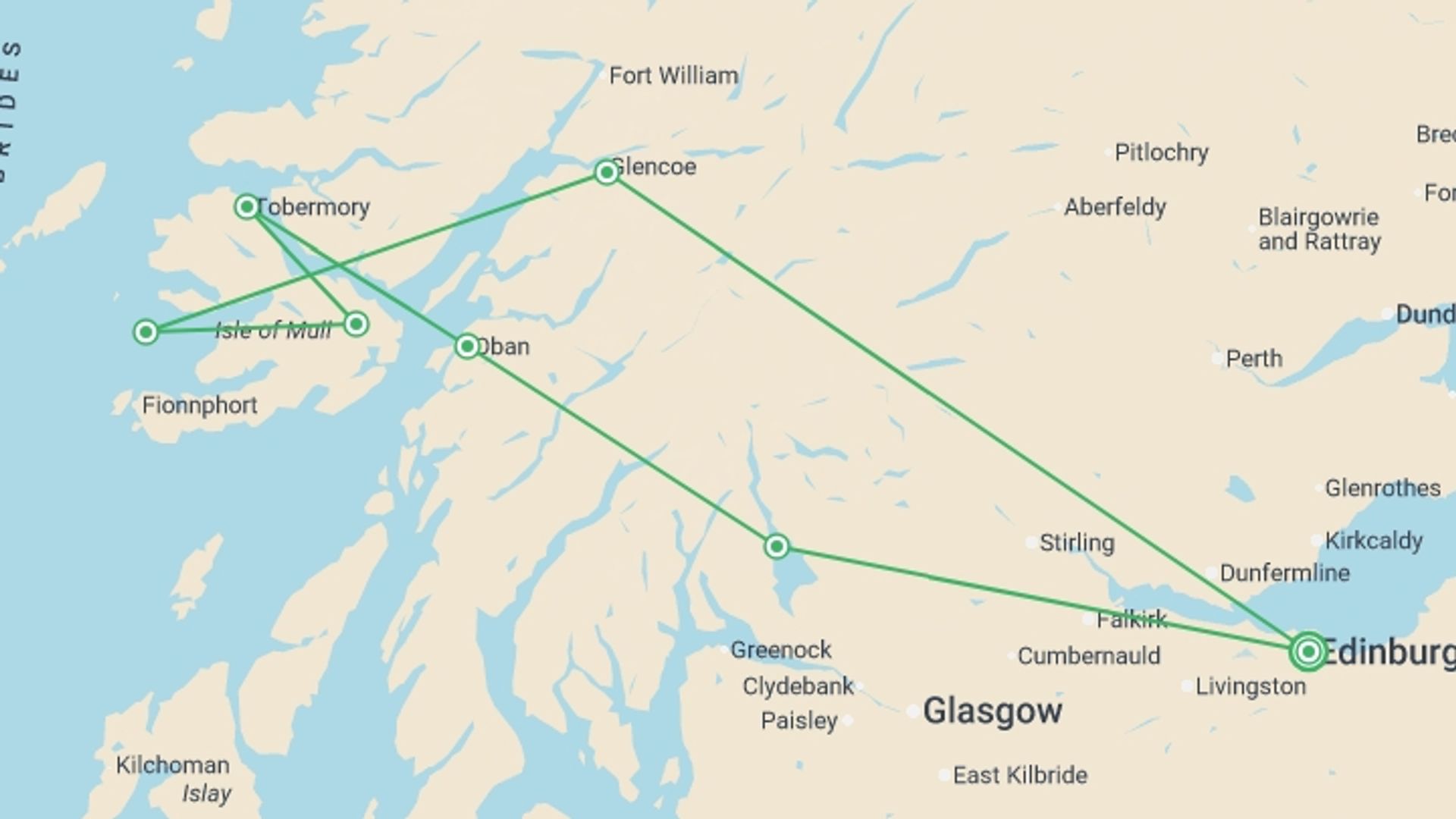 A map showing the tour itinerary for the trip: Mull Whisky & Food Adventure  - 4 days , starting in Edinburgh, Scotland and ending in Edinburgh, Scotland going through 3 other destinations.