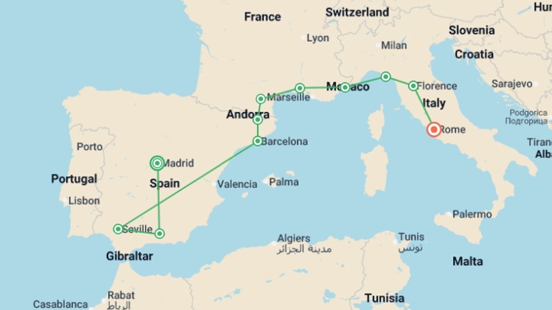 A map showing the tour itinerary for the trip: Madrid to Rome, starting in Madrid, Spain and ending in Rome, Italy going through 9 other destinations.