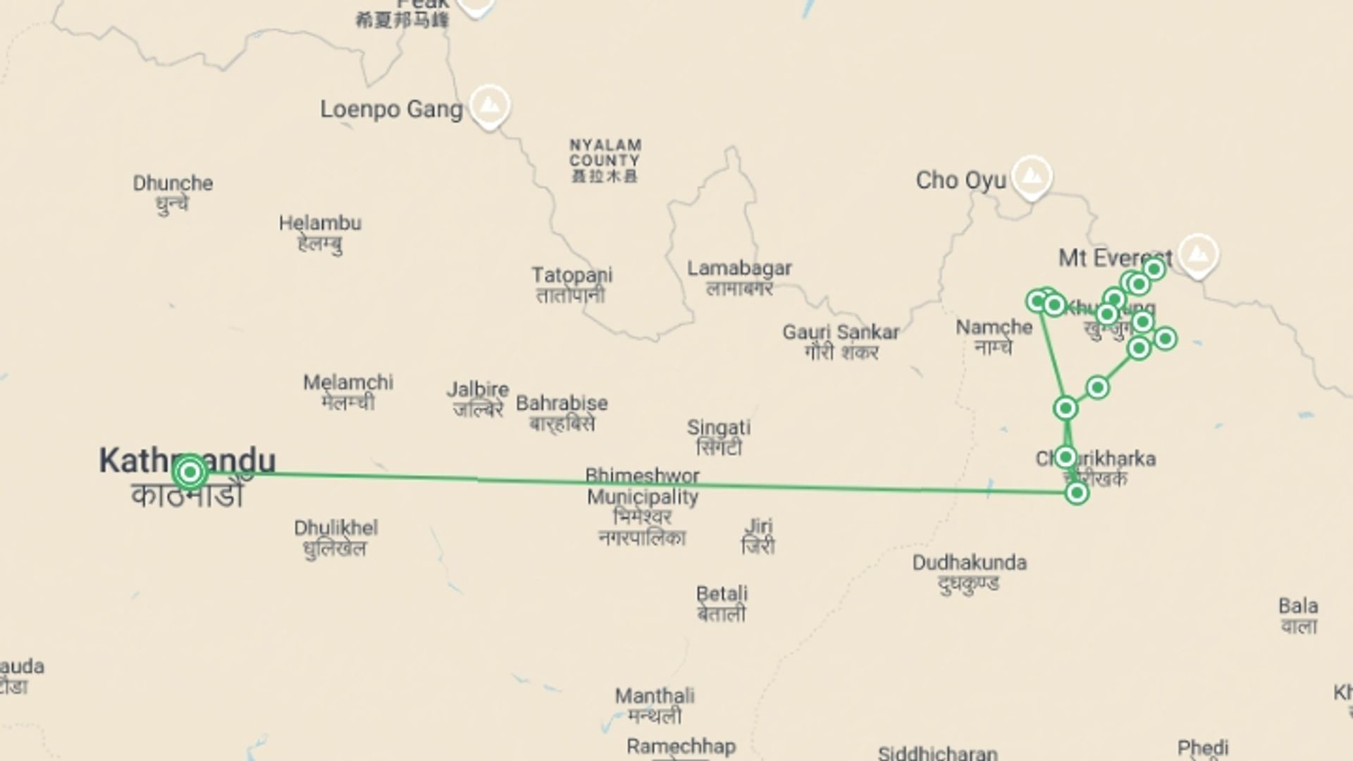 A map showing the tour itinerary for the trip: Everest Three Passes Trek, starting in Kathmandu, Nepal and ending in Kathmandu, Nepal going through 12 other destinations.