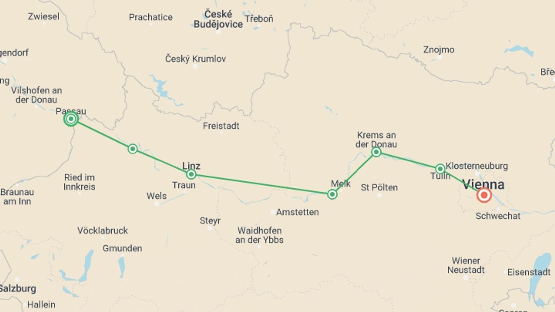 A map showing the tour itinerary for the trip: Passau to Vienna Cycling, starting in Passau, Germany and ending in Vienna, Austria going through 5 other destinations.