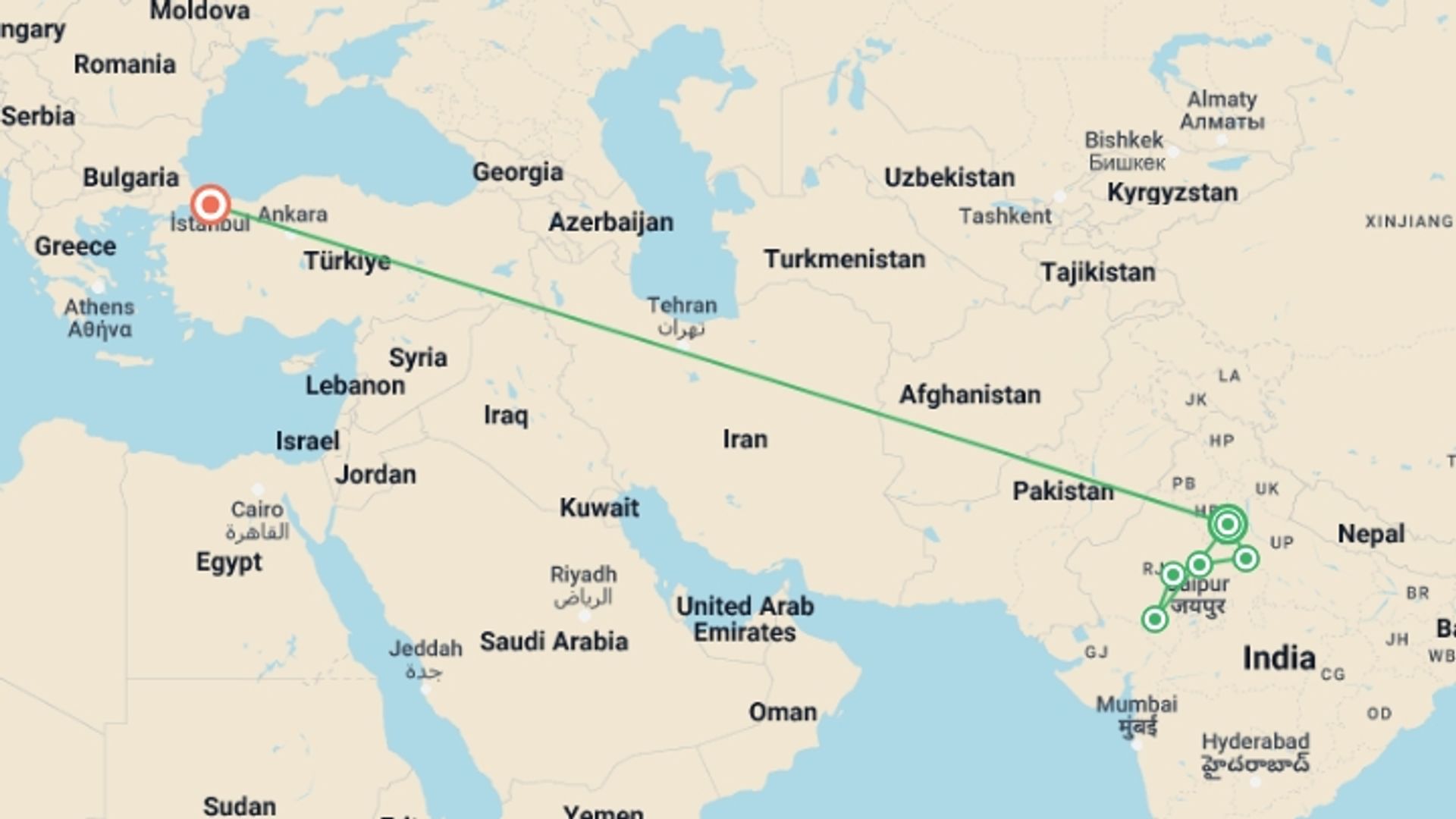 A map showing the tour itinerary for the trip: Majestic India and Istanbul, starting in undefined, India and ending in Istanbul, Turkey going through 2 other destinations.