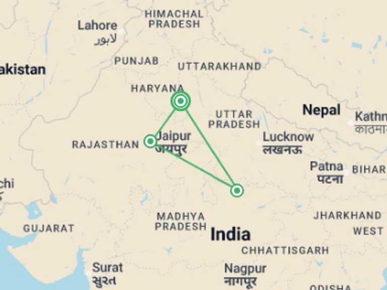 Map of New Delhi Explorer Tour with 3 destination visits for the trip: Golden Triangle & Khajuraho - 8 days