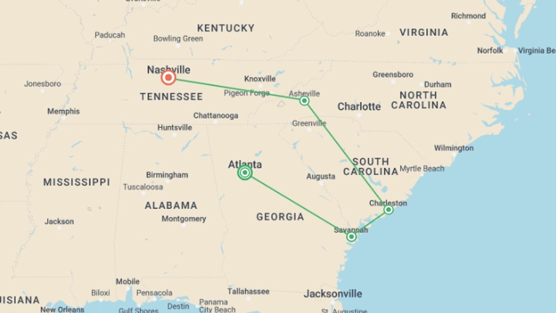 A map showing the tour itinerary for the trip: Georgia History Trail to Nashville, starting in Atlanta, USA and ending in Nashville, USA going through 3 other destinations.