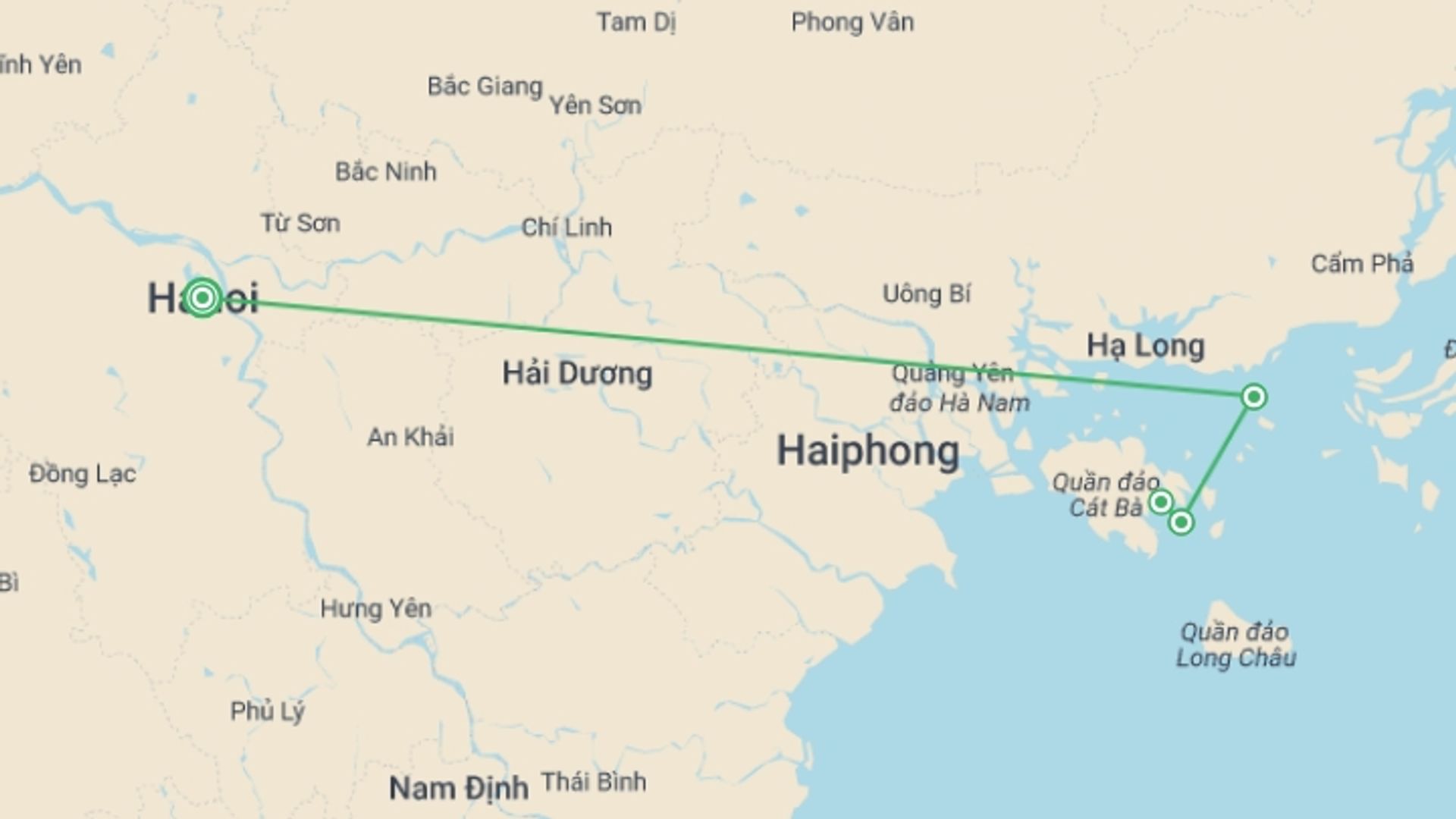 A map showing the tour itinerary for the trip: 3 Day Halong - Lan Ha Bay 5 Star Cruise & Balcony Cabin, starting in Hanoi, Vietnam and ending in Hanoi, Vietnam going through 3 other destinations.