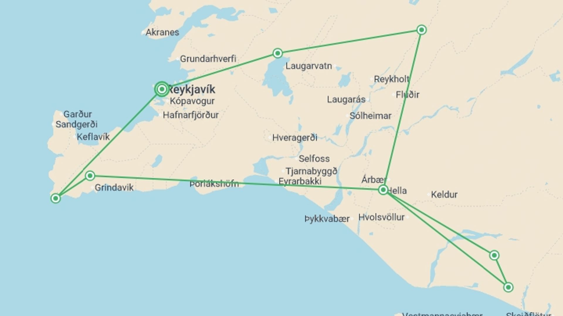 A map showing the tour itinerary for the trip: New Years Land Of The Northern Lights - 5 days, starting in Reykjavik, Iceland and ending in Reykjavik, Iceland going through 1 other destinations.