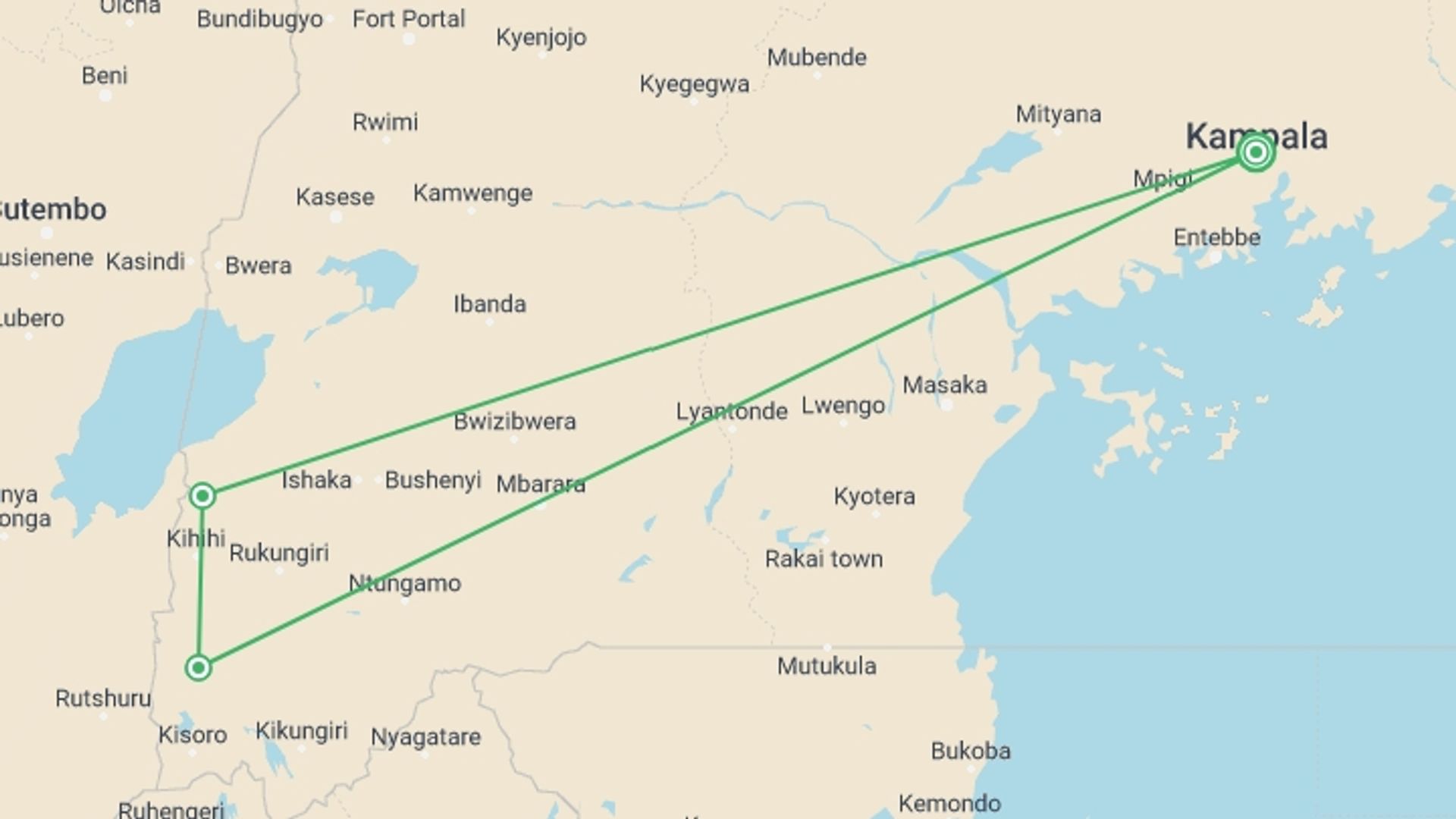 A map showing the tour itinerary for the trip: 5 days Gorillas & Wildlife in Uganda, starting in Kampala, Uganda and ending in Kampala, Uganda going through 2 other destinations.