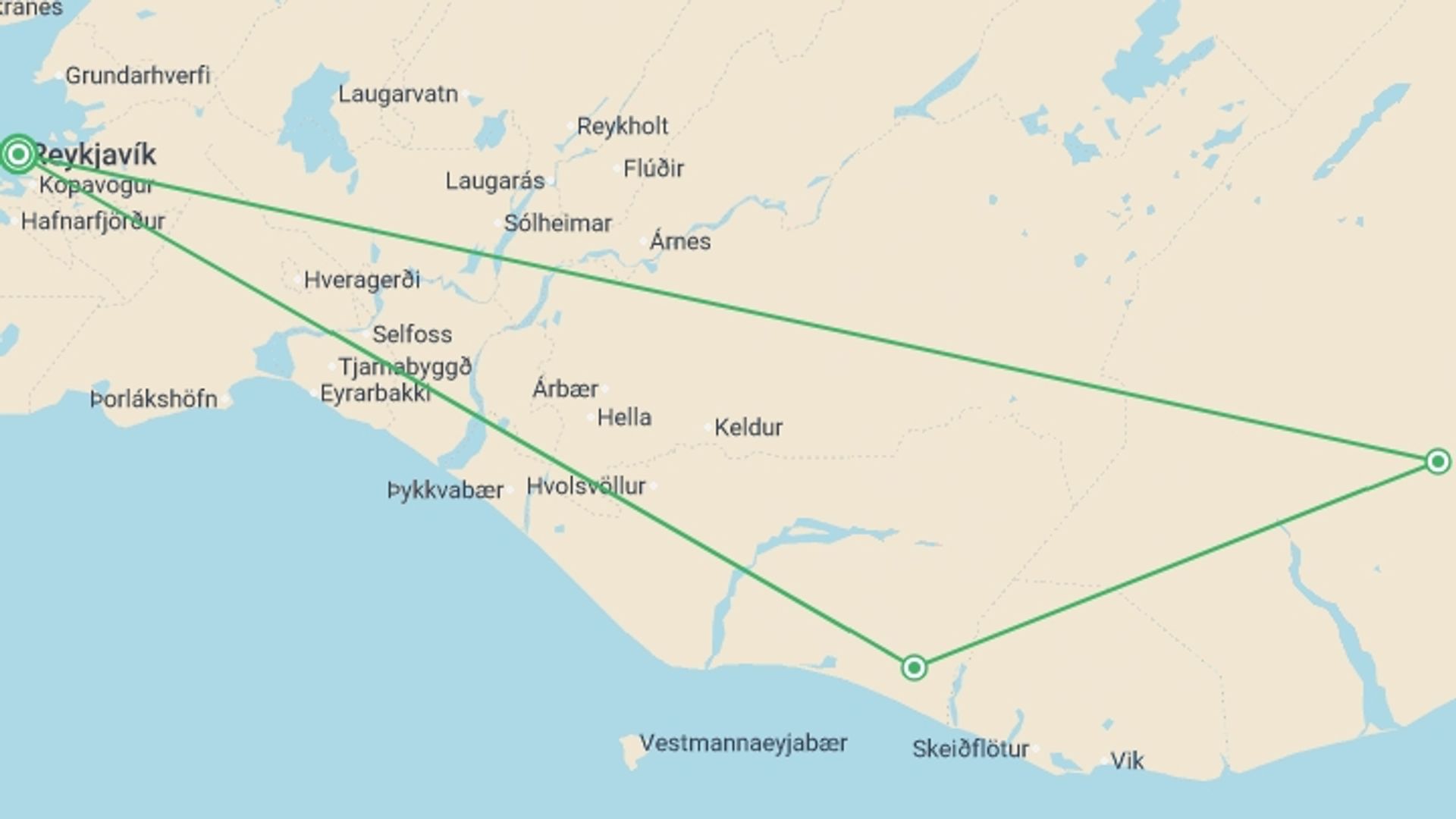 A map showing the tour itinerary for the trip: Volcanoes & the Golden Circle - 4 days, starting in Reykjavik, Iceland and ending in Reykjavik, Iceland going through 2 other destinations.