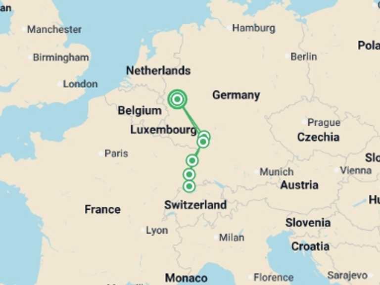 Map itinerary of Europe Tour in Fall with 6 destination visits for the trip: Treasures of the Rhine – VISTARIO Superior