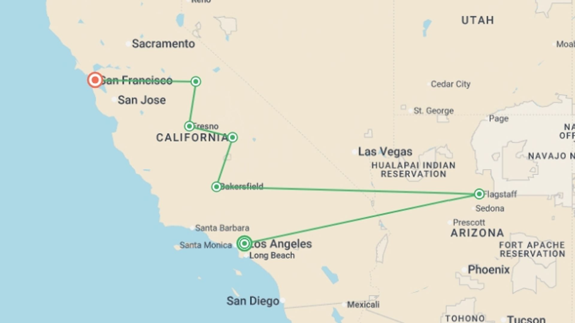 A map showing the tour itinerary for the trip: Dreams of the West end in San Francisco, starting in Los Angeles, USA and ending in San Francisco, USA going through 3 other destinations.