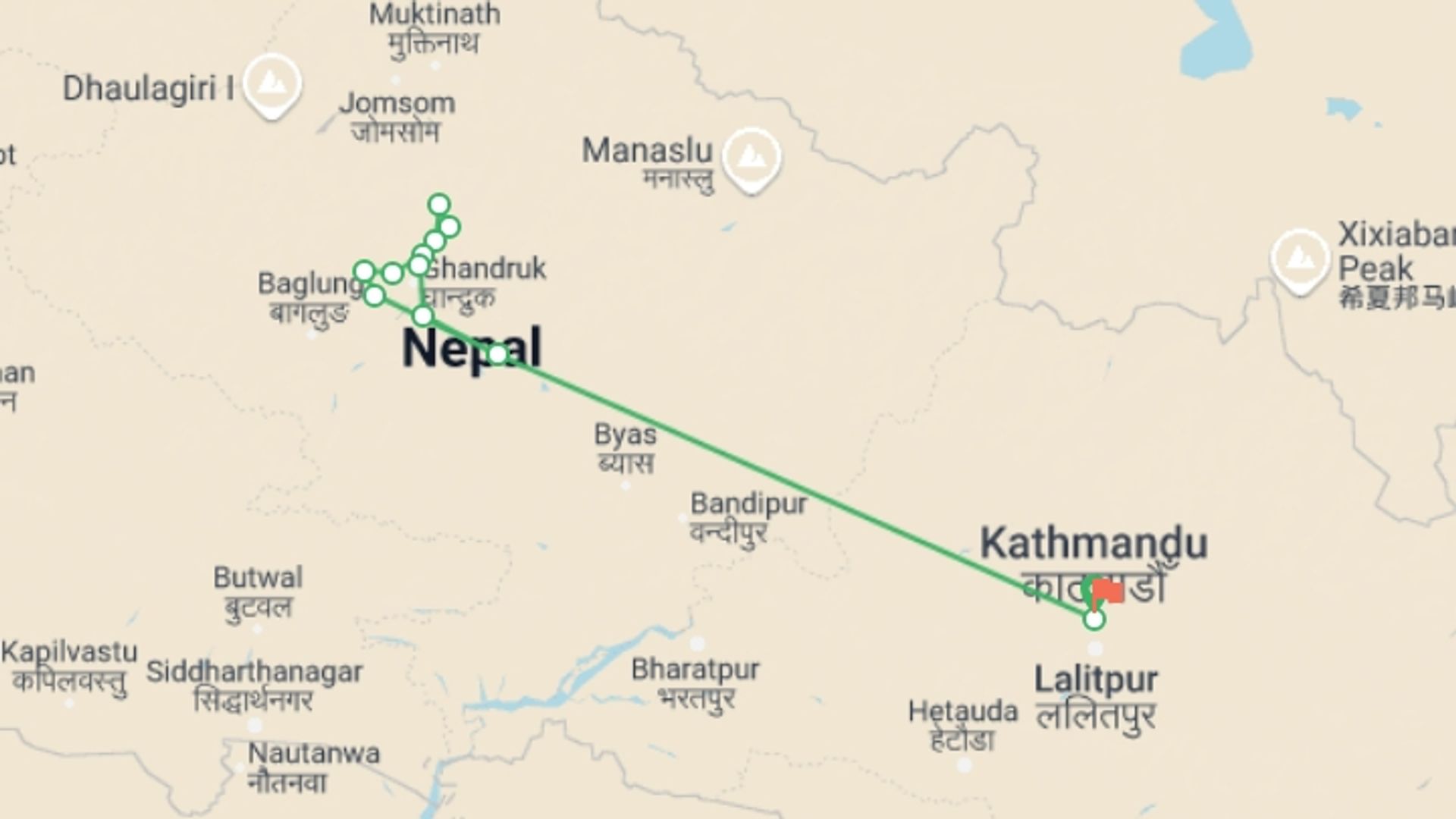 A map showing the tour itinerary for the trip: Annapurna Base Camp Trek, starting in Kathmandu, Nepal and ending in Kathmandu, Nepal going through 11 other destinations.
