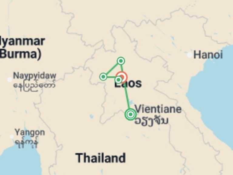 Map itinerary of Asia Tour in July 2026 with 5 destination visits for the trip: North Laos Explorer - 8 days