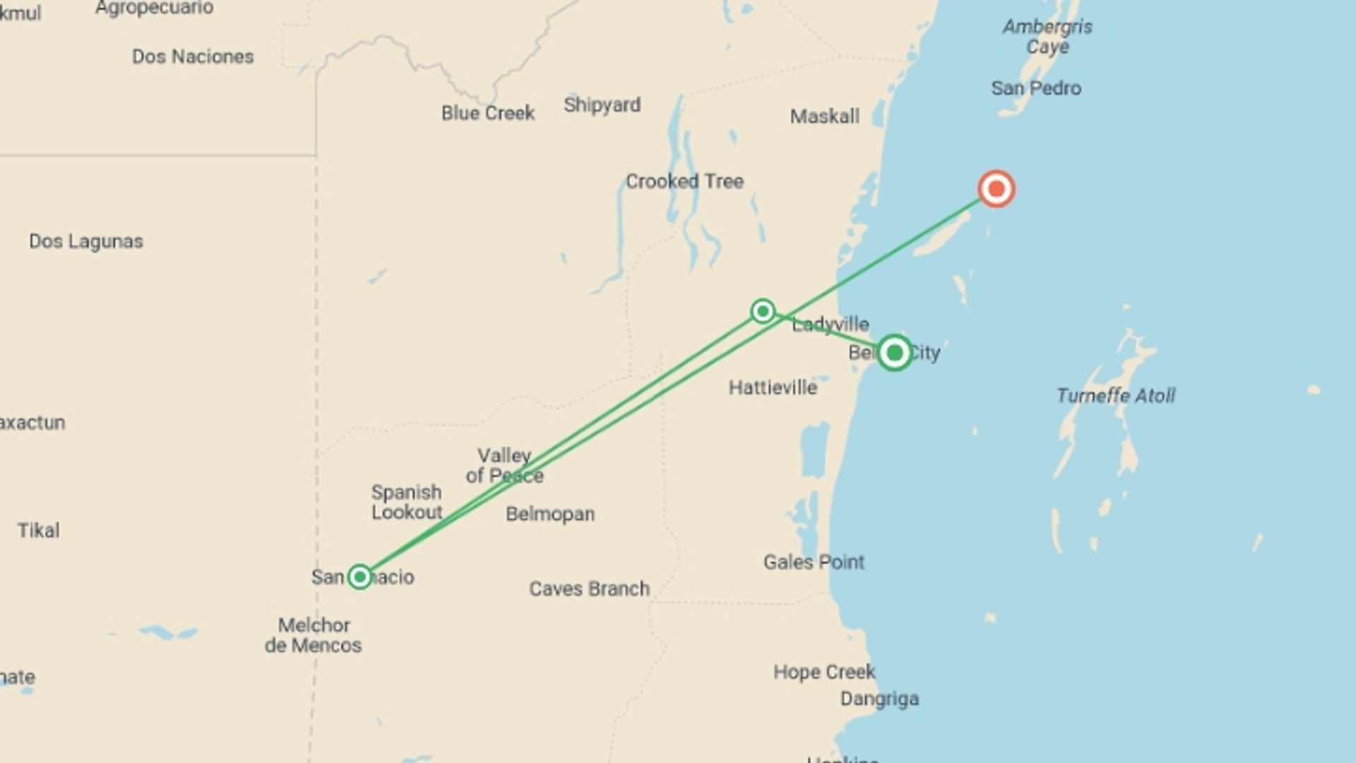 A map showing the tour itinerary for the trip: Journeys: Explore Belize, starting in Belize City, Belize and ending in Caye Caulker, Belize going through 2 other destinations.