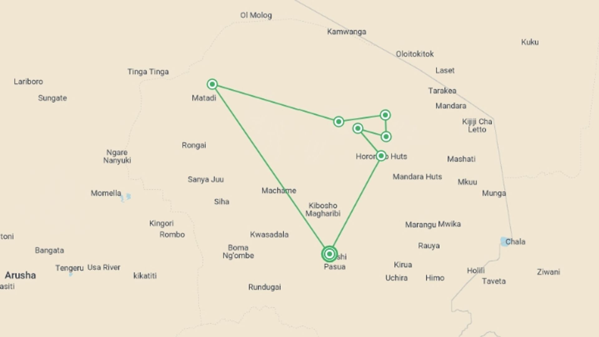 A map showing the tour itinerary for the trip: Kilimanjaro - Rongai Trek, starting in Moshi, Tanzania and ending in Moshi, Tanzania going through 6 other destinations.