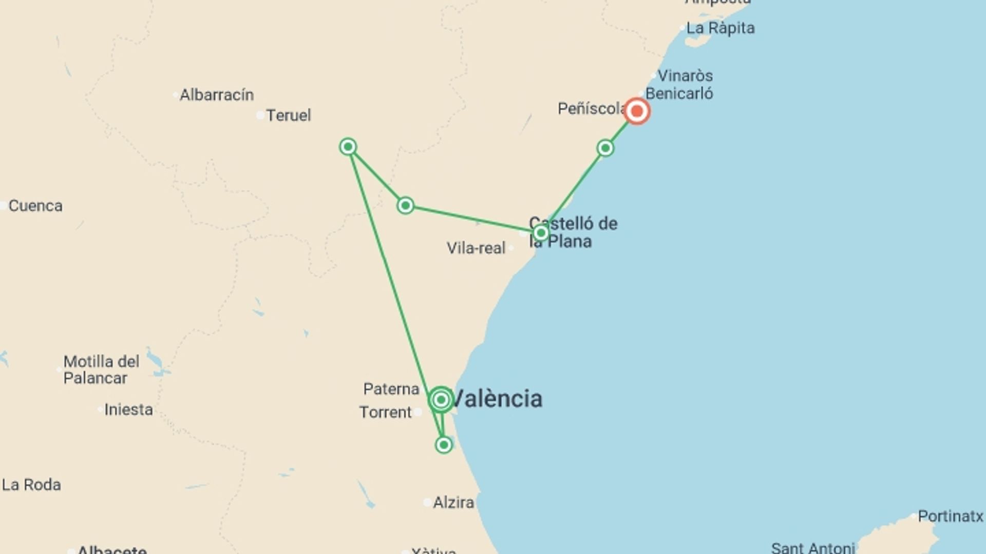 A map showing the tour itinerary for the trip: Cycling Valencia and the Orange Blossom Coast, starting in Valencia, Spain and ending in Castellón, Spain going through 6 other destinations.