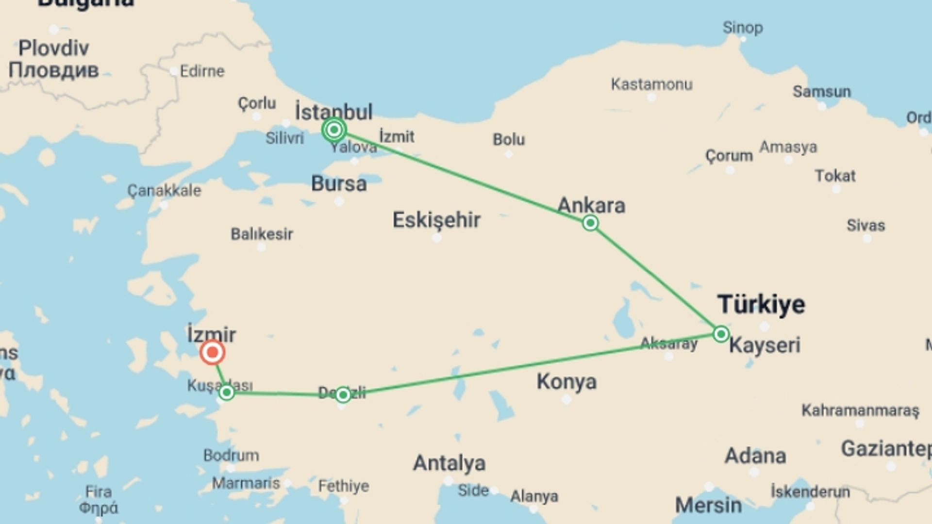 A map showing the tour itinerary for the trip: Fantastic Turkey | 8 Days, starting in Istanbul, Turkey and ending in Izmir, Turkey going through 3 other destinations.