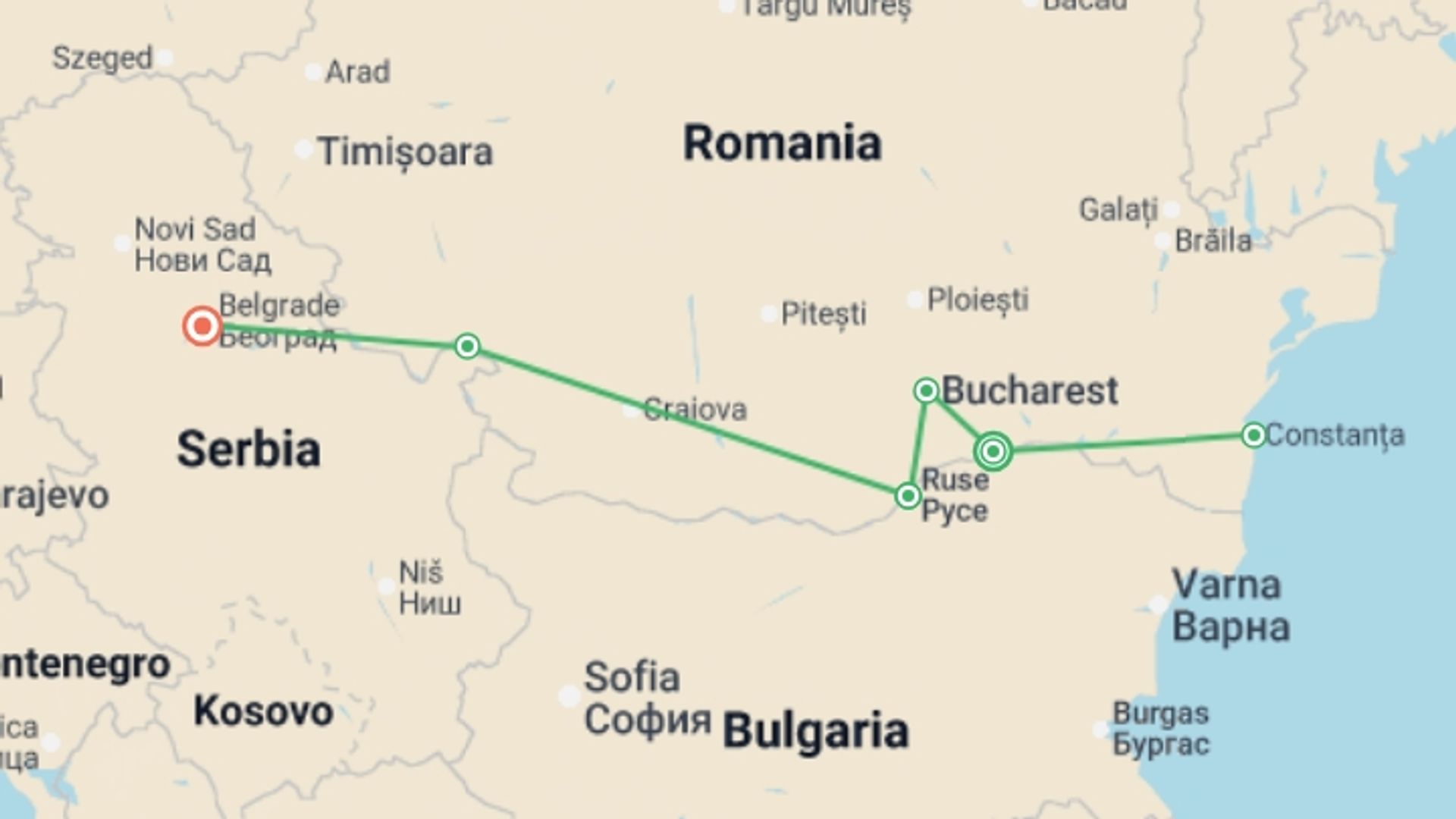 A map showing the tour itinerary for the trip: From the Shores of the Black Sea to Belgrade - A Cruise into the Heart of the Balkans (port to port), starting in Oltnenita, Romania and ending in Belgrade (beograd), Serbie going through 5 other destinations.