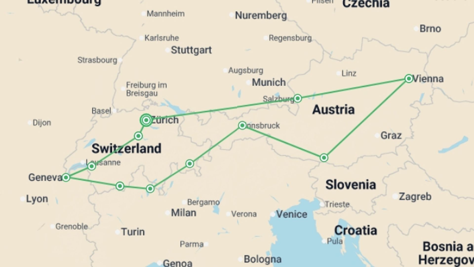 A map showing the tour itinerary for the trip: Switzerland and Austria, starting in Zurich, Switzerland and ending in Zurich, Switzerland going through 8 other destinations.
