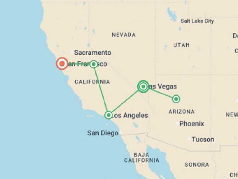 Map of North America Tour with 5 destination visits for the trip: Essential Vegas to Grand Canyon & San Fran - 8 days