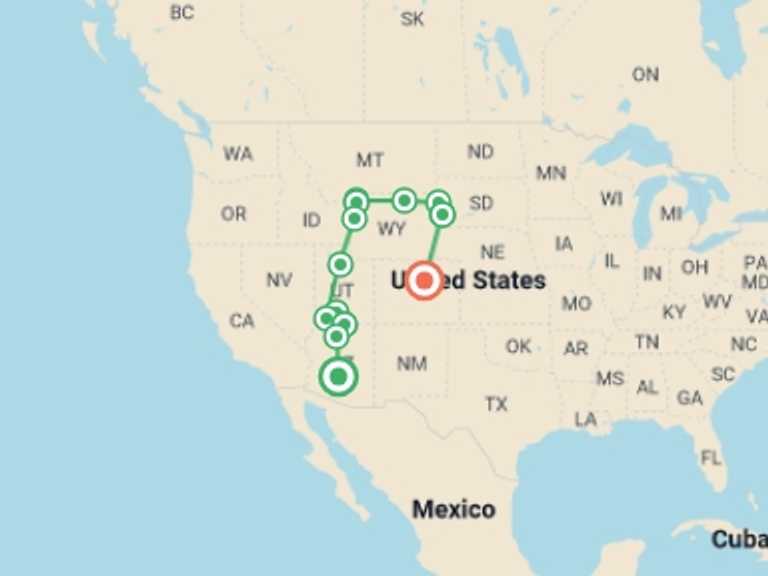 Map itinerary of USA Tour in Spring with 14 destination visits for the trip: America's Magnificent National Parks
