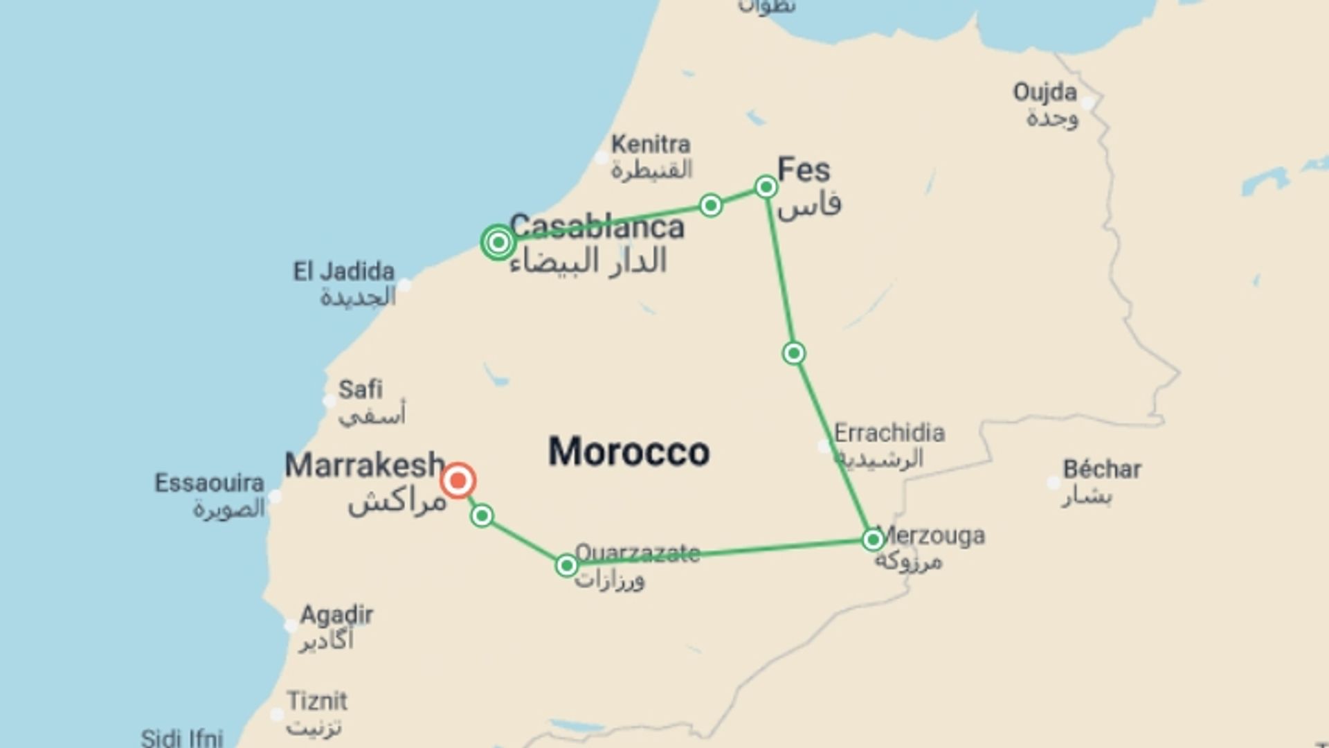 A map showing the tour itinerary for the trip: Moroccan Melodies, starting in Casablanca, Morocco and ending in Marrakech, Morocco going through 6 other destinations.