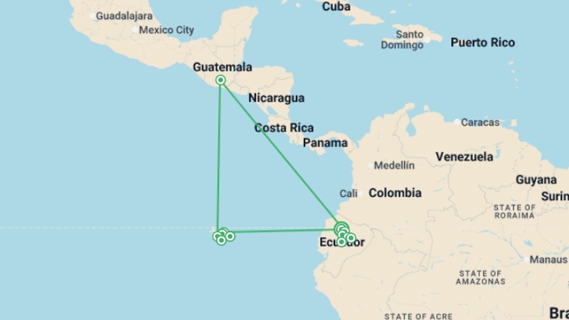 A map showing the tour itinerary for the trip: Highlights of Ecuador & the Galapagos, starting in Quito, Ecuador and ending in Quito, Ecuador going through 4 other destinations.