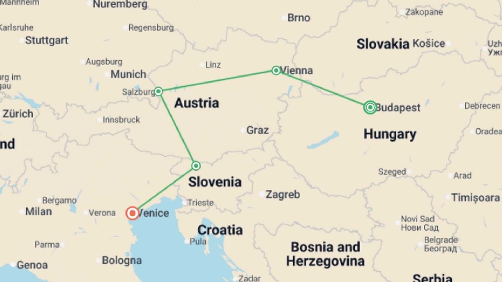 A map showing the tour itinerary for the trip: Discover Central Europe, starting in Budapest, Hungary and ending in Venice, Italy going through 4 other destinations.