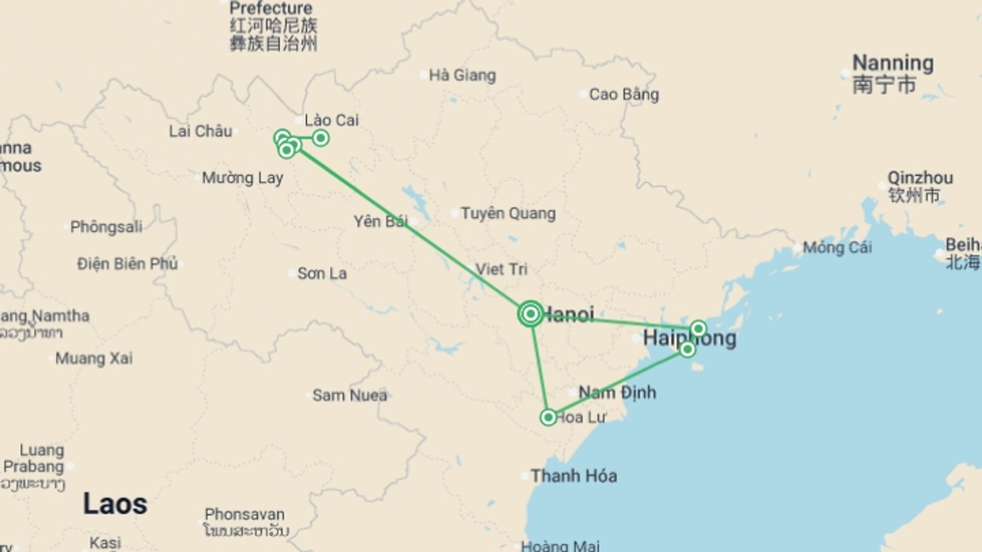 A map showing the tour itinerary for the trip: Hiking North Vietnam - 8 days, starting in Hanoi, Vietnam and ending in Hanoi, Vietnam going through 5 other destinations.