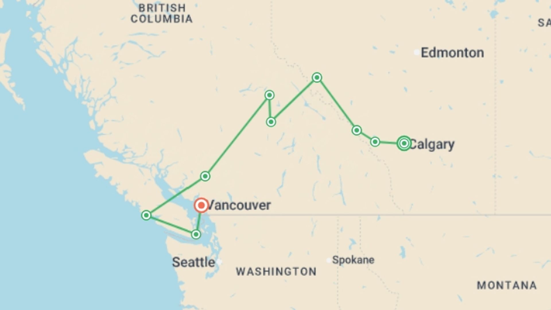 A map showing the tour itinerary for the trip: Canadian Rockies and Pacific Coast, starting in Calgary, Canada and ending in Vancouver, Canada going through 8 other destinations.
