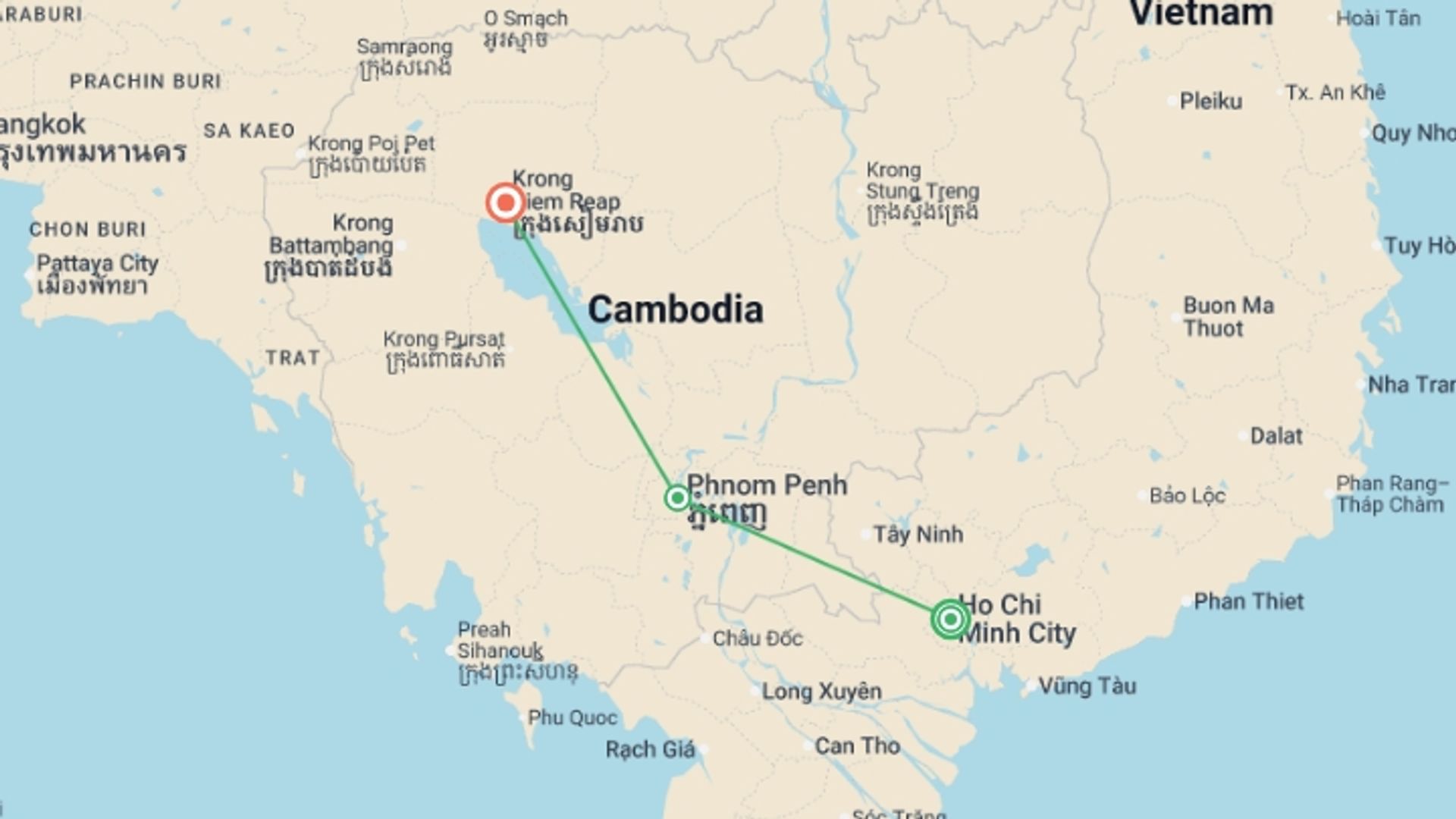 A map showing the tour itinerary for the trip: Vietnam & Cambodia Explorer, starting in Ho Chi Minh City, Vietnam and ending in Siem Reap, Cambodia going through 1 other destinations.
