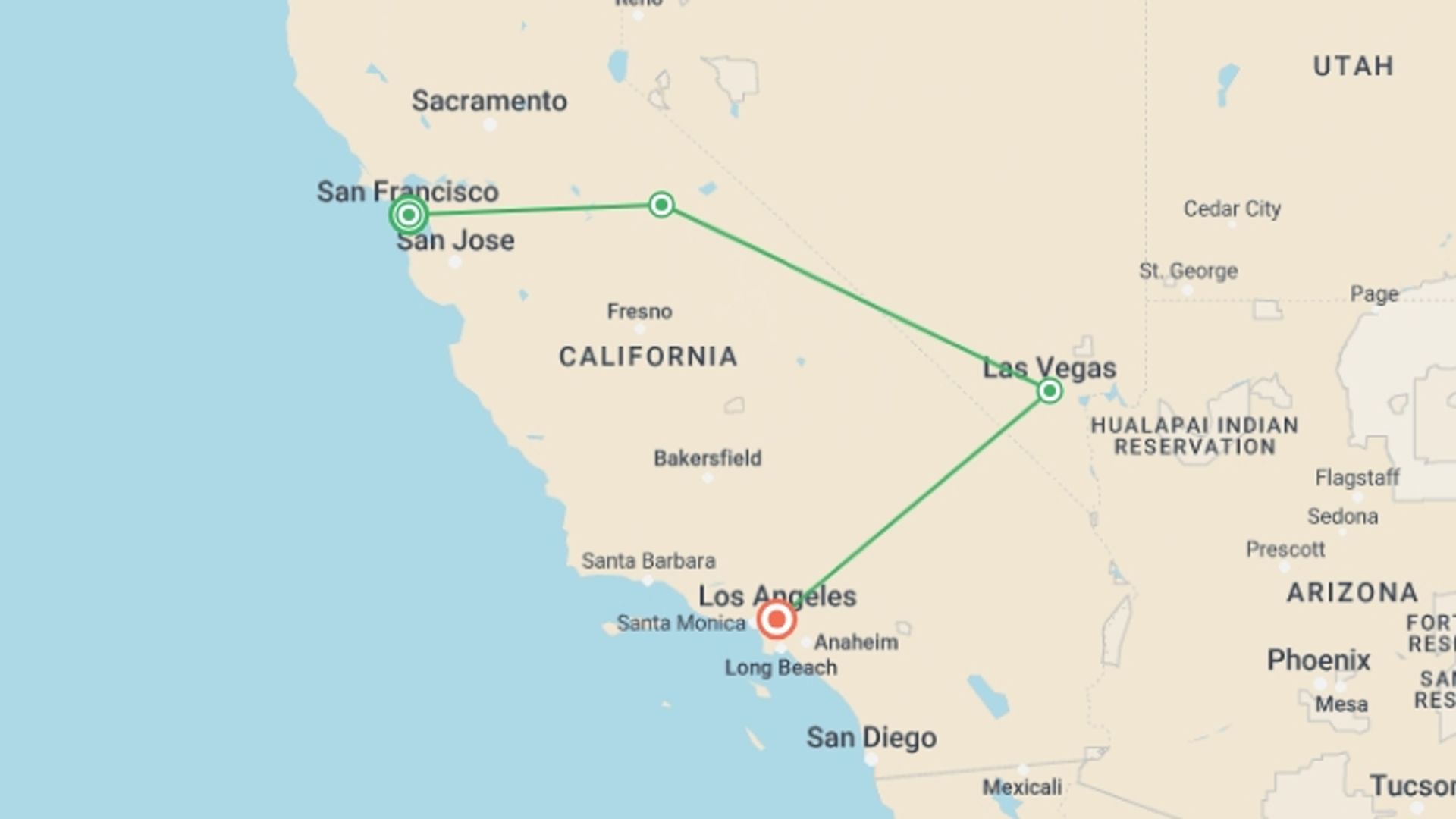 A map showing the tour itinerary for the trip: Wild West 4D/3N (from San Francisco), starting in San Francisco, USA and ending in Los Angeles, USA going through 2 other destinations.