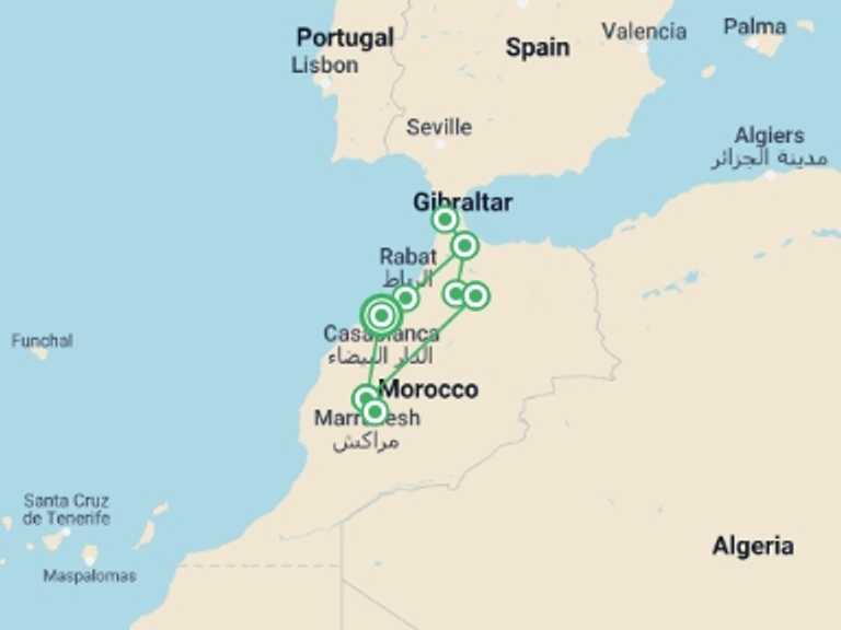 Map itinerary of Marrakech Tour in April 2027 with 7 destination visits for the trip: Experience Northern Morocco
