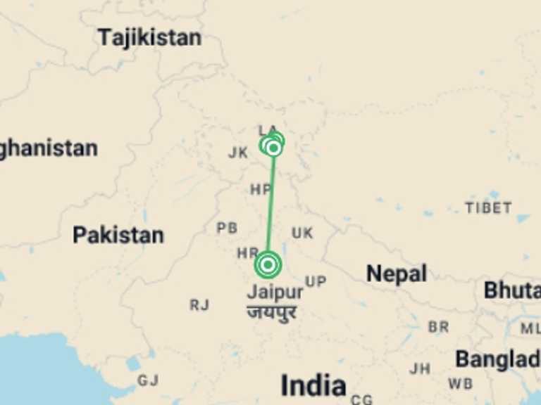 Map itinerary of Asia Tour in June 2027 with 7 destination visits for the trip: India: Trekking in Ladakh