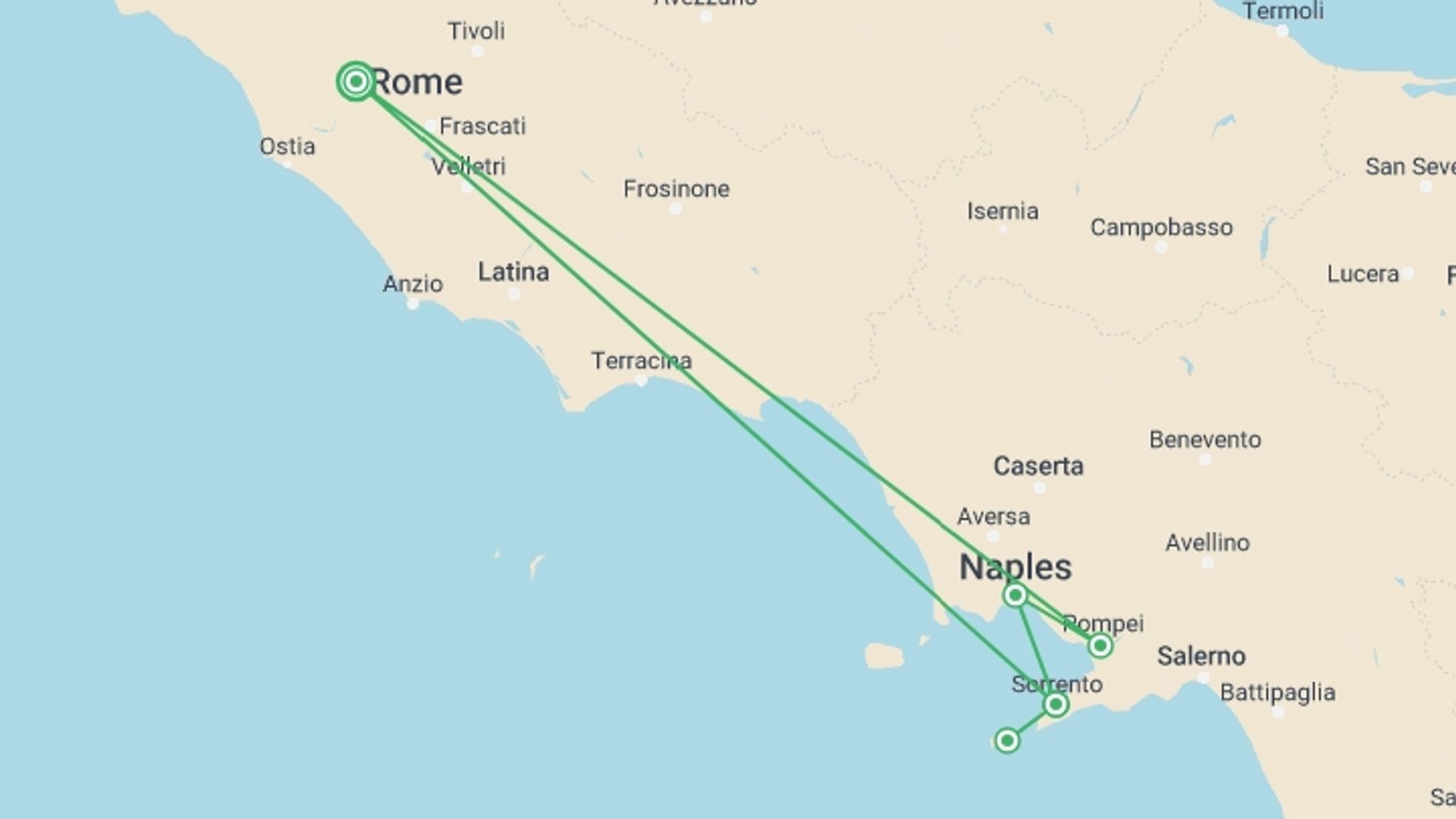 A map showing the tour itinerary for the trip: Amalfi Coast Dream - Small-Group Tour, starting in Rome, Italy and ending in Rome, Italy going through 3 other destinations.